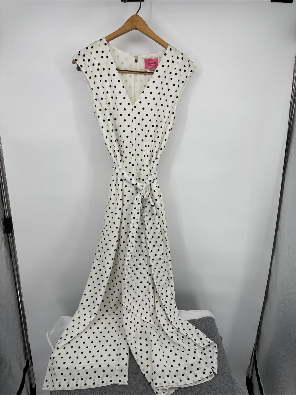Kate Spade black and white Cabana Dot lined wide leg belt Jumpsuit size 0 NWT